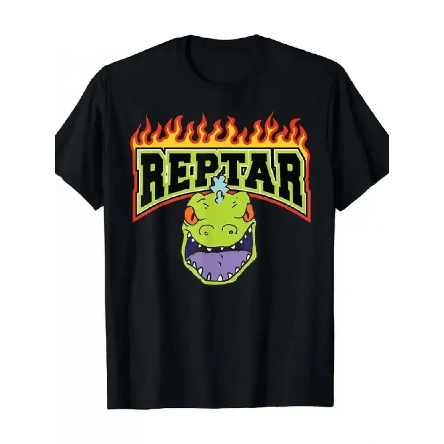 Men'S Reptar Dinosaur & Flame T-Shirt - Features a Green Reptar Logo And Striking Red-Yellow Fire Design, Black Casual Short-Sleeve Round Neck Tee, Machine Washable, Regular Fit Suitable for Comic Conventions, And Everyday Wear S-5XL Chief Value Cotton