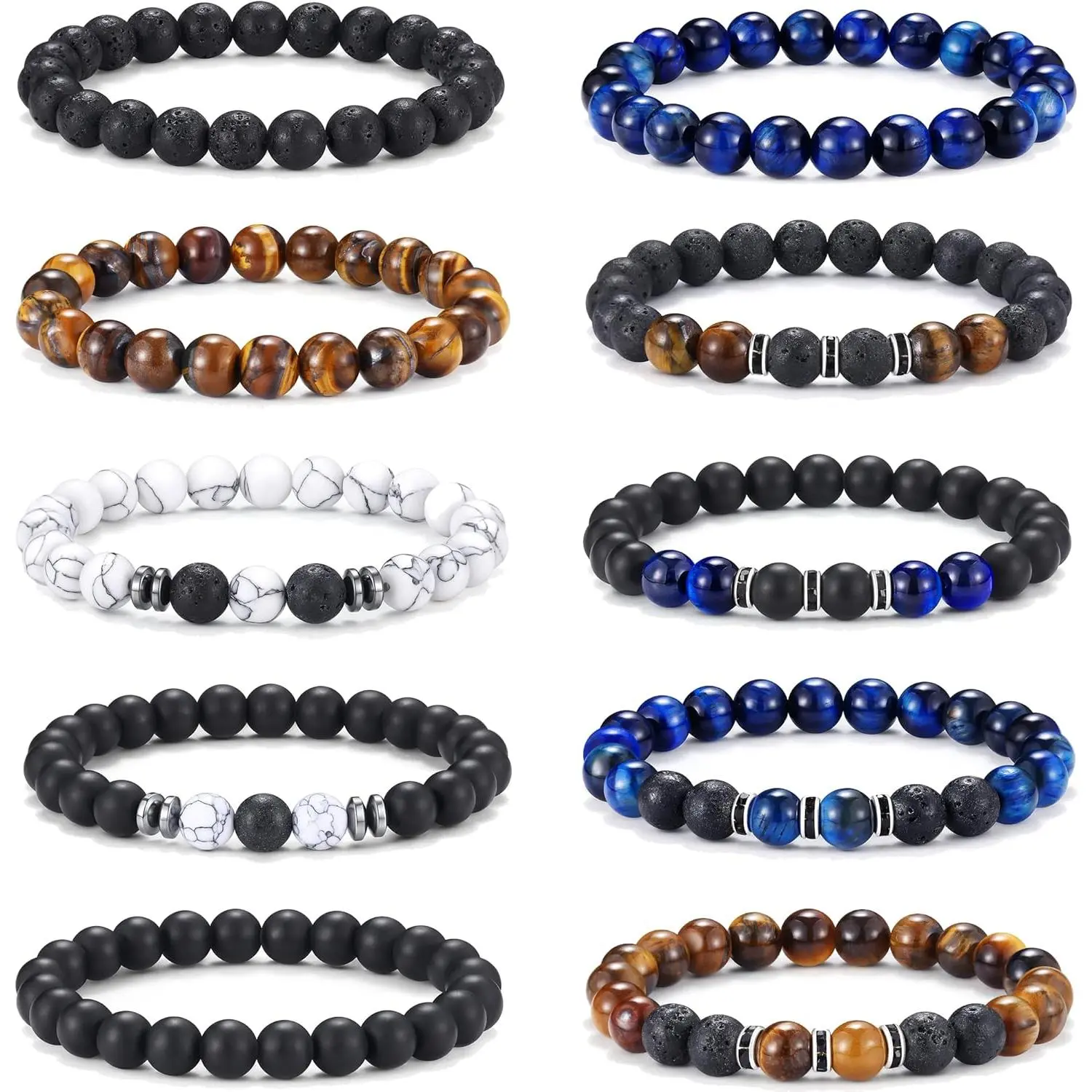 10-Count 8MM Natural Stone Bead Bracelet Set, Stretch Adjustable Tiger Eye, Blue Onyx & Howlite Beaded Bracelets for Men, High-Quality Classic Design, Perfect Outfit Accessory & Gift, Blue Onyx Bracelet, Howlite Bracelet