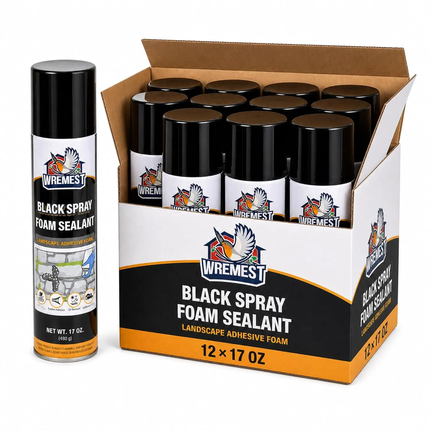 Black Spray Waterfall Foam Sealant, Waterproof Polyurethane Expanding Pond Foam Sealer, Ideal for Water Features, Landscape Applications, Straw Use, 12 oz/17 oz