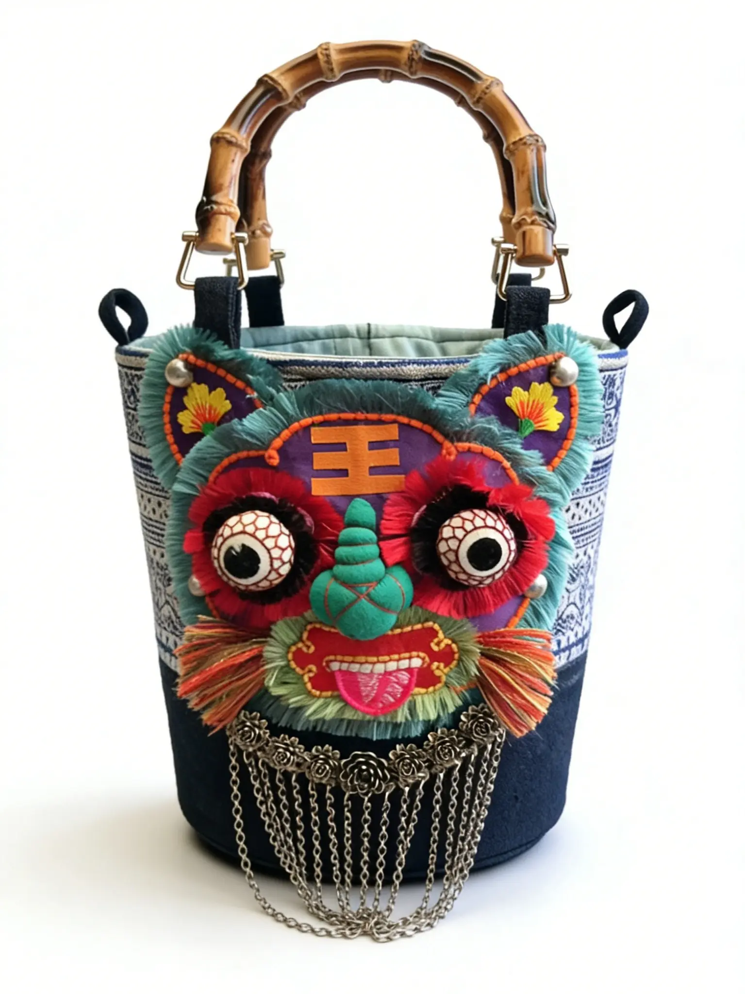 Handmade Crossbody Shoulder Bag for Women, Miao Ethnic with Embroidered Tiger Head in Traditional Indigo Batik Fabric, Unique Statement Piece with Tassels