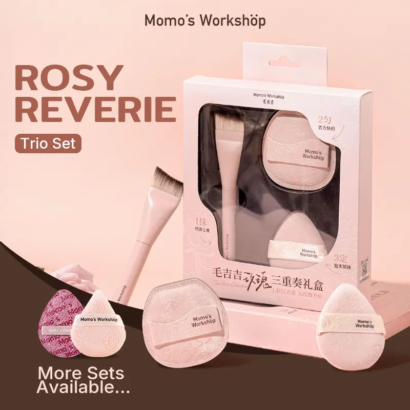 Momo's Workshop Satin Rose Edition Rosy Reverie Trio - 3-Piece Makeup Brush & Sponge Kit with Fish Tail Brush, Flat Blending Sponge, Velour Powder Puff for Foundation, Powder, Flawless Finish, Travel-Friendly Gift, Adults