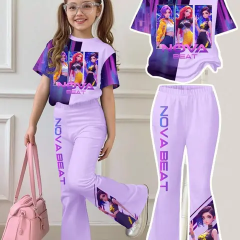 Cyber Girl Set Colorblock Anime Idol Print Short Sleeve Bell Bottom Pants Two Piece Suit, Cute Slim-Fitting Clothing for Girls, Coordinate Set