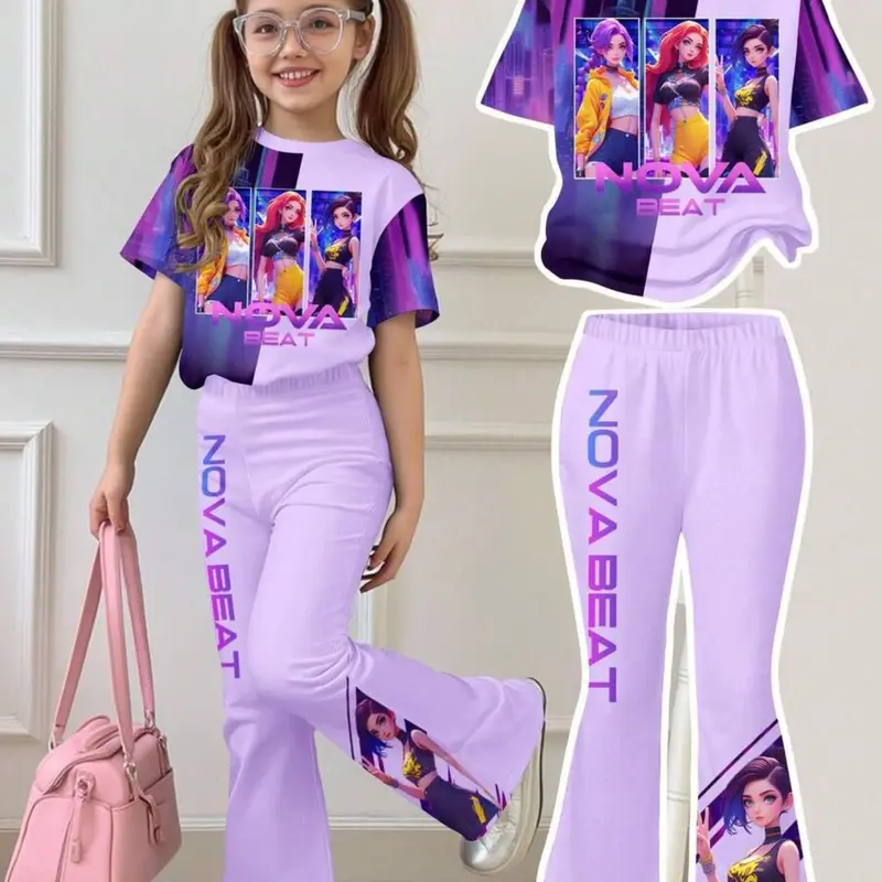 Cyber Girl Set Colorblock Anime Idol Print Short Sleeve Bell Bottom Pants Two Piece Suit, Cute Slim-Fitting Clothing for Girls, Coordinate Set
