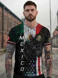 Mexico Usa Flag Eagle Heritage Power Unity Identity Cultural Shirt, Casual Menswear Fitted Short Sleeve Top, All Seasons Wear, Letter Pattern Design, Casual Summer Tops