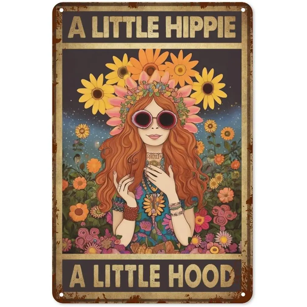 8x12 Inch Hippie Metal Tin Sign Wall Art Plaque - Waterproof, Funny Decor, Chic Home Signs with Flowers, Whimsical Room Accessories for Home, Office, Water Proof, Decoration