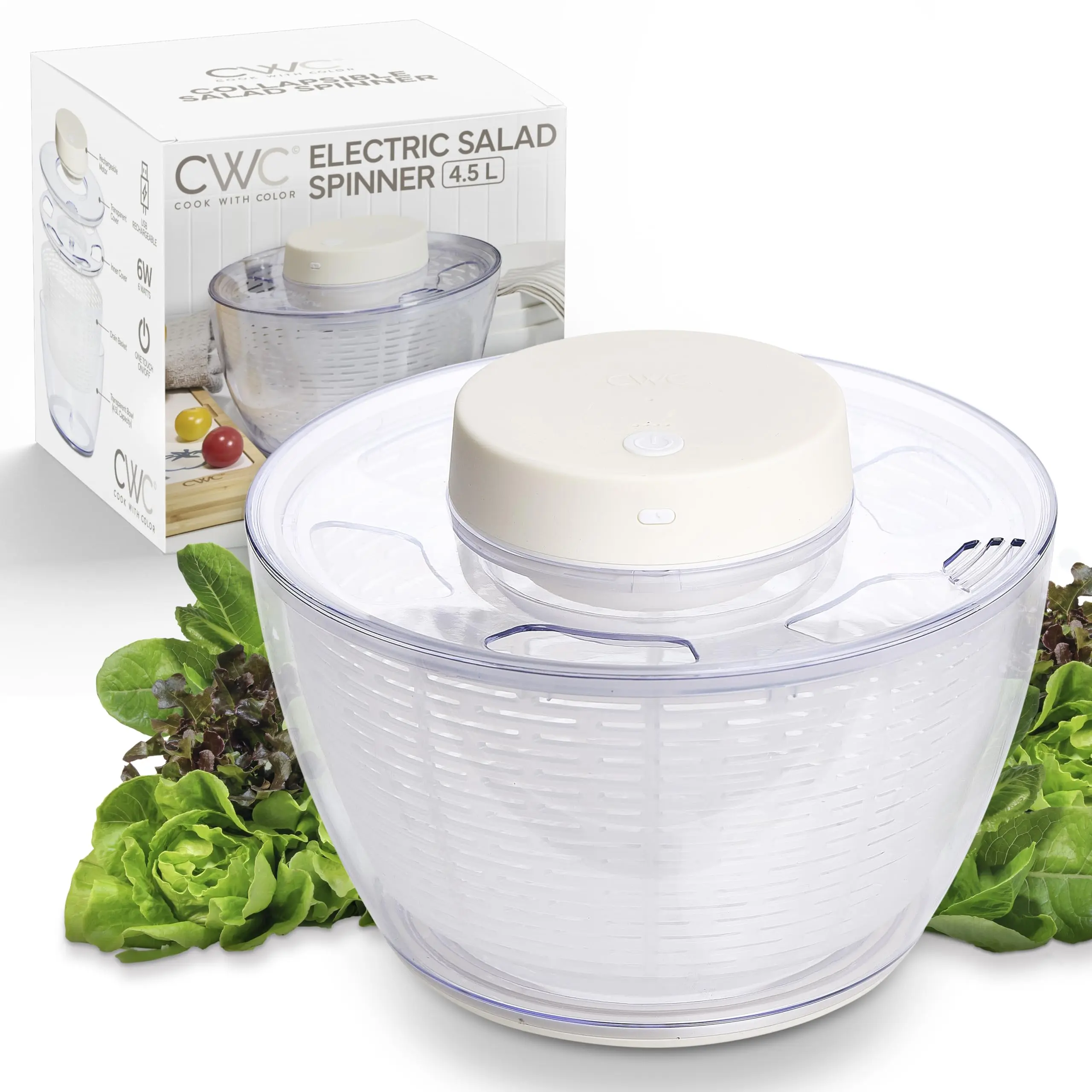 COOK WITH COLOR Electric Salad Spinner, Round 4.5L Capacity – Fast Drying & Easy Spin for Fresh Greens