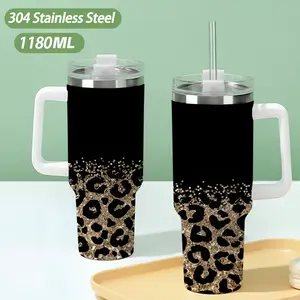 40oz large capacity car watter bottles with lid and handle, 304 stainless steel insulated tumbler with Gold leopard print design, suitable for car, office, travel and birthday gifts