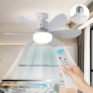 E27 Socket Fan Light with Remote, 20'' Screw in Ceiling Fans with Lights, 3 Speeds 3 Color Light Bulb Fan 3000-6500K Dimmable, Small Ceiling Light for Bedroom Living Room, Easy Installer