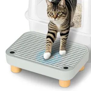 Cat Litter Box Ramp Double Layered Self-Cleaning with Filter Function Trapper Pedal Easy Clean Gray Tray Spacious Design for Most Litter Boxes Wood Odour Control