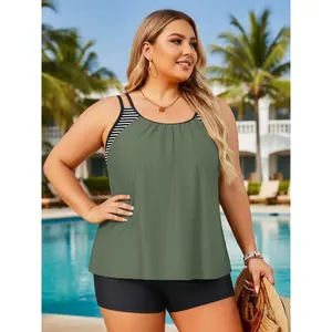 2026 Plus Size Olive Green  Set - Relaxed Tank Top  Striped Strap Accent, Black Shorts Bottoms, Earthy Coastal Swimwear Flattering Tummy Control Racerback   Boy Shorts - Ideal for Beach Days, Pool Parties & Family Vacations| Flowy Cross Tankini with women