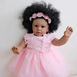 Pippa 26-inch Reborn Toddler Doll with Curly Hair Black Brown Skin Realistic Onesie Pink Lace Dress Butterfly Pacifier Set for Kids 3+ Birthday Christmas Gifts