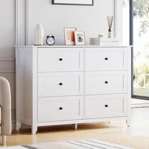 White Garvee  6 Chest Of Drawer Dresser, Modern Dresser With Deep Drawers And Nickel Round Handle, Wood Organizer Storage Cabinet For Bedroom, Living Room, Hallway