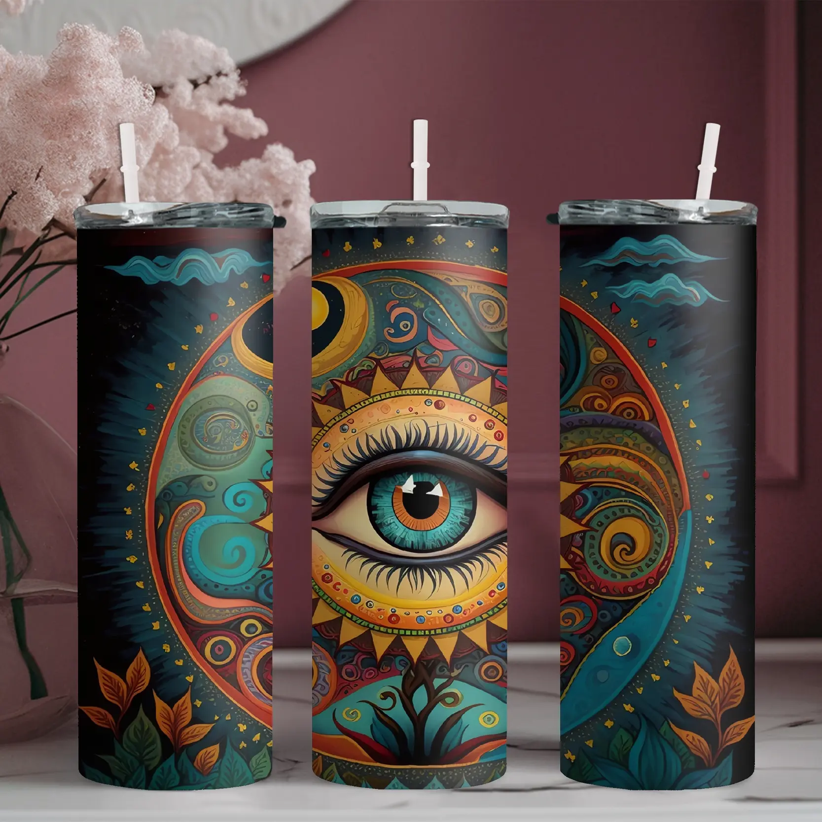 20oz Airtight Stainless Steel Water Bottle with Straw - Skinny Tumbler with Mysterious Eye & Cosmic Astrological Style Patterns, Ideal for Fitness, Travel, Great Gift for Family | 1pc
