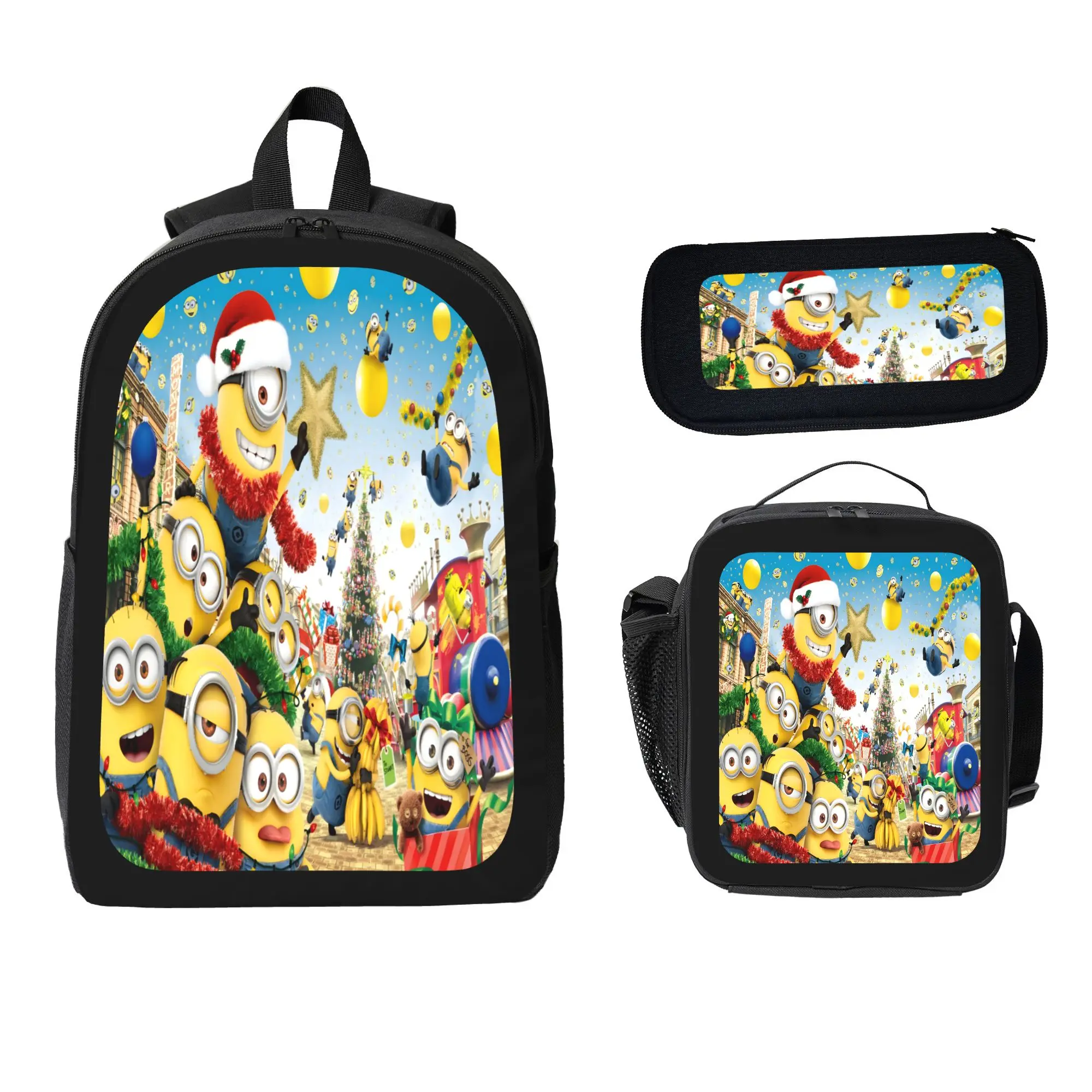 Minions Cartoon Character 3pcs Backpack Set - Lightweight Polyester Bookbag with Matching Pencil Bag and Insulated Lunchbox for Kids Teens