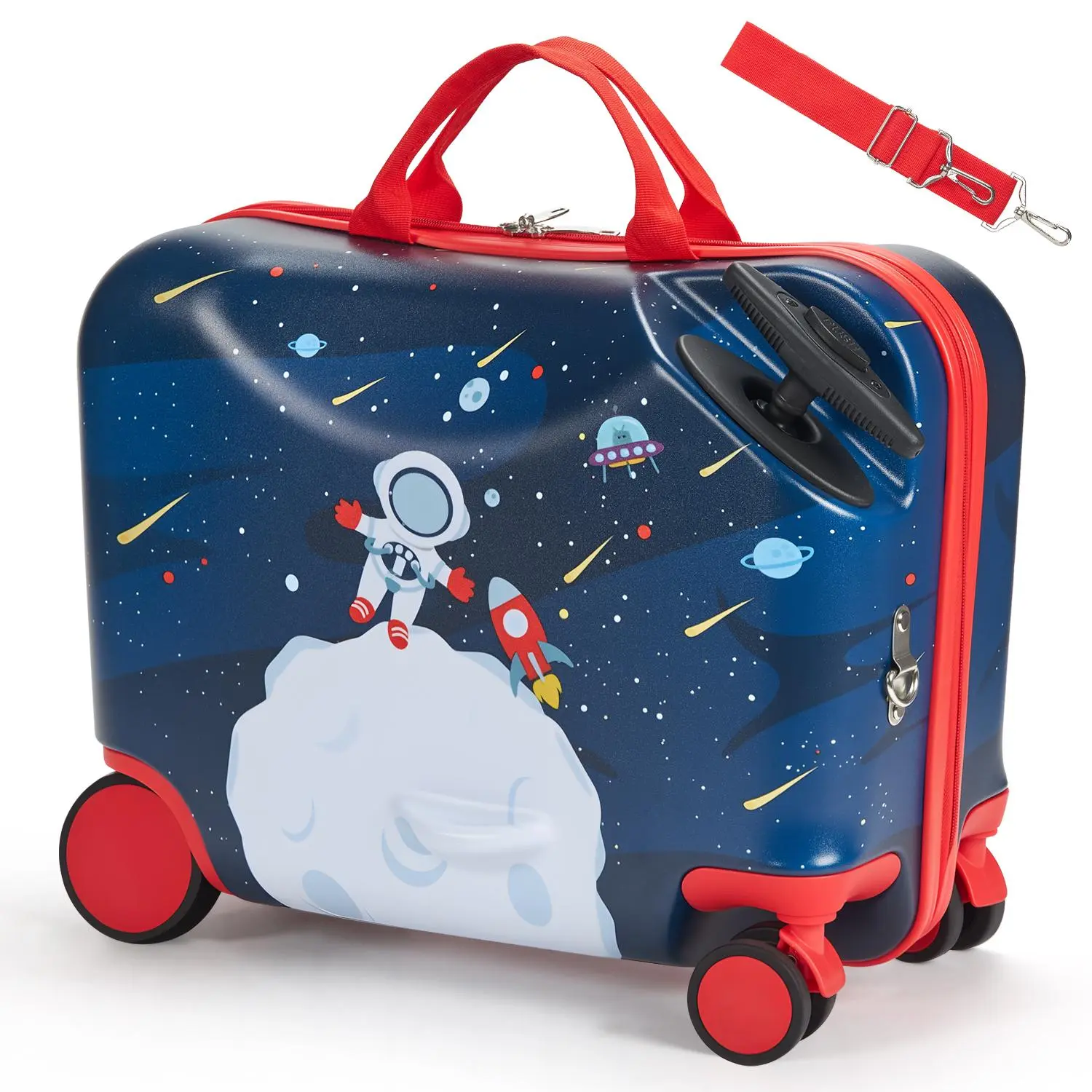 【Summerfinds】VEVOR Ride-on bug,  , 26 L Capacity, 18 Inches Tow Along Toddler Carry on Luggage with Wheels, Adjustable Shoulder Strap, Lightweight Kids Riding Suitcase for Boys & Girls Aged 3+, Blue & White