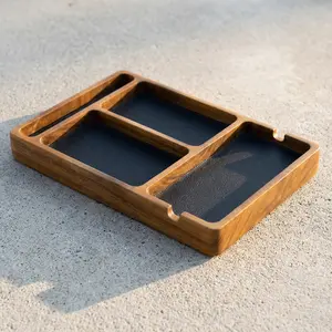 Leather Inlay Desk & Nightstand Organizer, Acacia Wood Essentials Catchall Tray for Storing Phones, Watches, Wallets, Keys, Jewelry