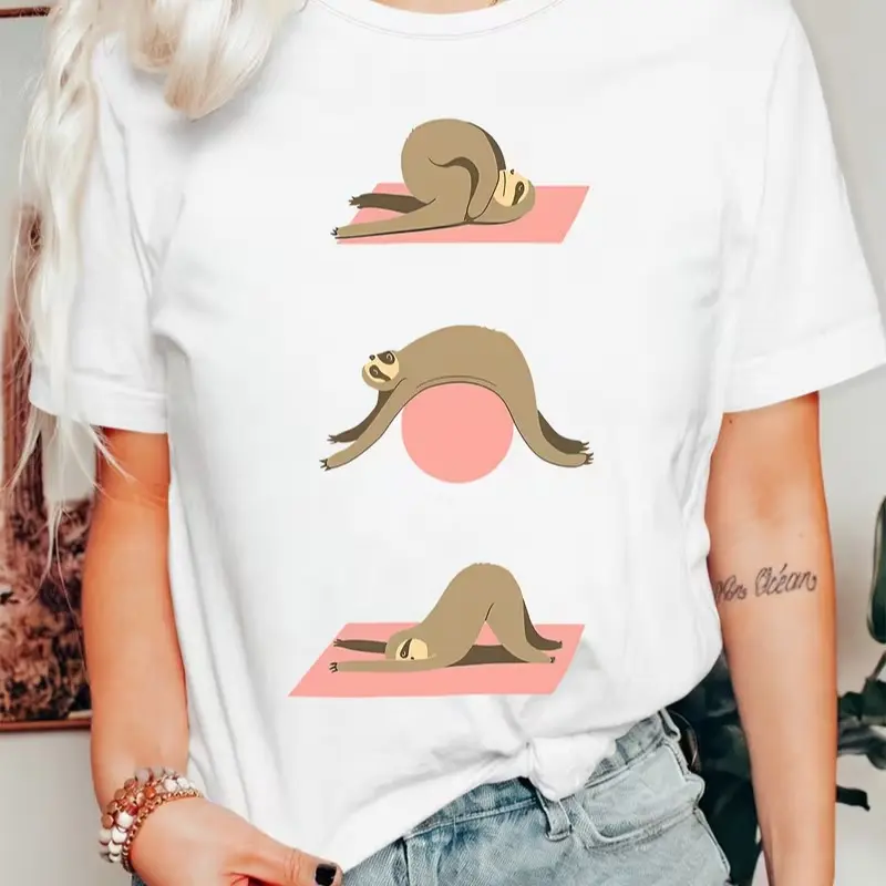Funny Sloth Doing Yoga Poses Graphic T-Shirt, Cute Lazy Sloth Yoga Mat Ball Casual Cotton Short Sleeve Tee For Yoga Animal Lovers