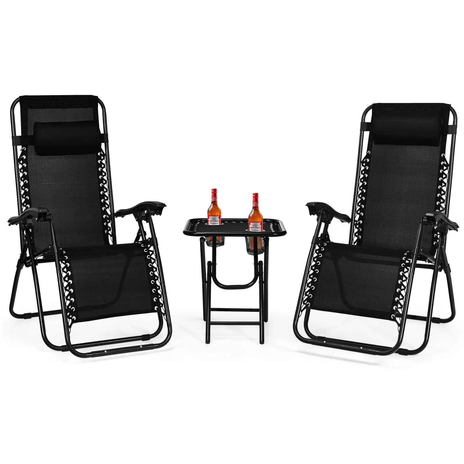 COSTWAY Zero Gravity Chairs Set of 2, 3 PCS Folding Zero Gravity Lawn Chair Set with Side Table Cup Holders & Adjustable Headrest, Reclining Patio Cha