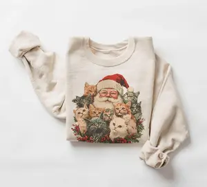 Retro Santa Claus & Kittens Christmas Winter Sweatshirt/T-Shirt - 90s Old Saint Nick Gift For Cat Lovers Outfit - Boho Unisex Crewneck Sweatshirt, Gift Women and men