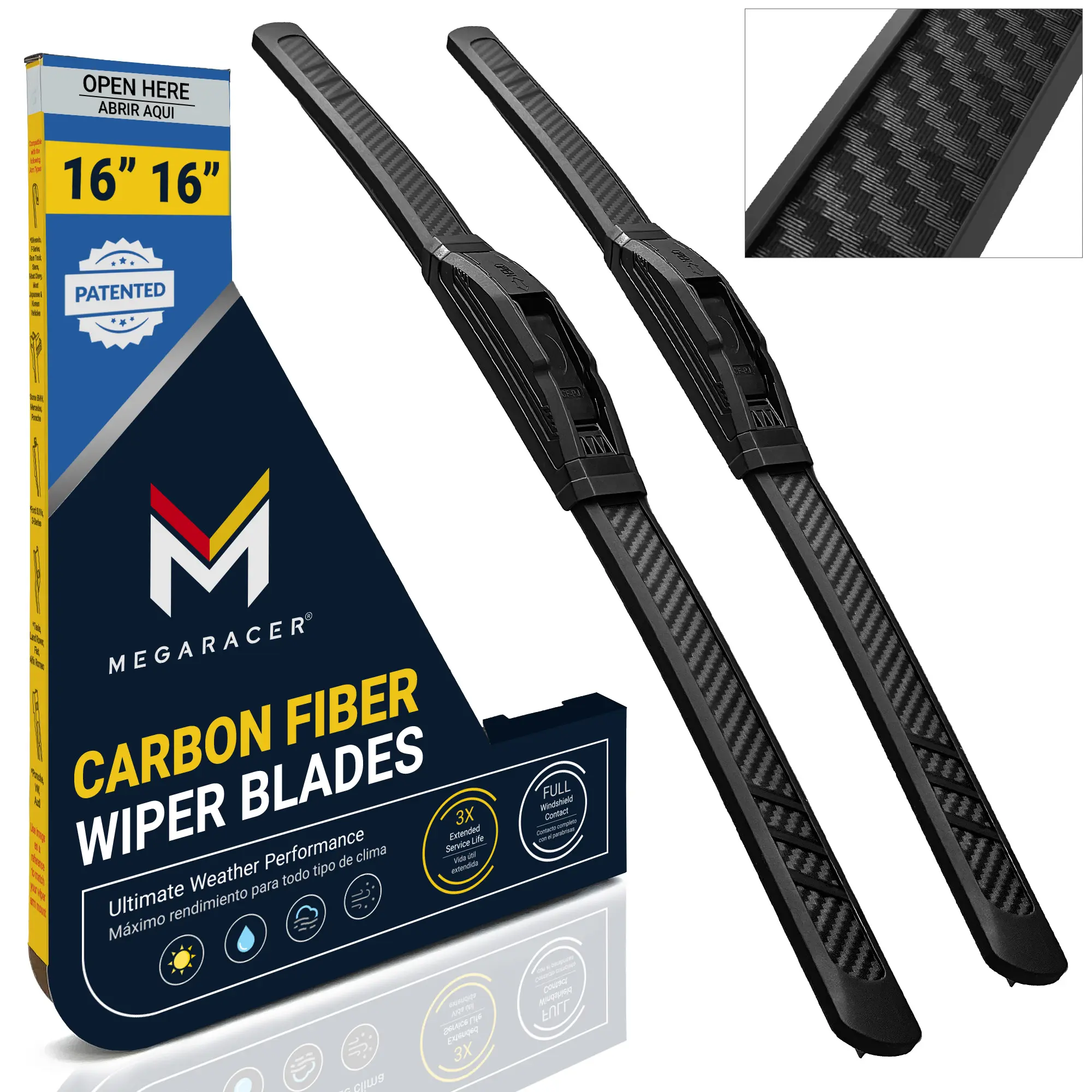 Patented OEM Carbon Fiber Windshield Wipers Blades 16"+16" | Fits Jeep Wrangler Gladiator 2018-2026 | Front Automotive Replacement Windshield Wiper Blades for my Car Limpiaparabrisas De Carro | 2 Pack