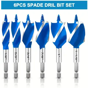 【summervibes】6-Piece Auger Drill Bit Set for Wood, 1/2", 5/8", 3/4", 7/8", 1", and 1-1/8" Sizes, Impact Wood Drill Bits with Hex Shank Quick Change, Durable for Hardwood, Softwood, and Plastic drilling tool deep bit