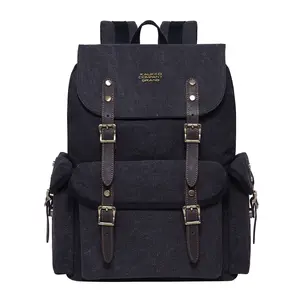 KAUKKO Vintage Casual Canvas and Leather Rucksack Retro Backpack for School Work Travel Hiking