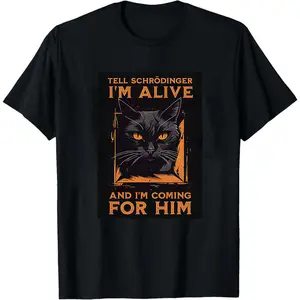Quantum Mechanics Meme Print Casual Crew Neck Men's T-Shirt, Schrödinger's Cat Pattern Men's Top, Quantum Enthusiast Gift