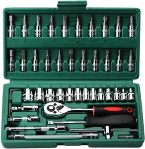 46 Pieces Mechanic Tool Kit 1/4” Dr. Ratchet Socket Wrench Set with Storage Case, Includes Bit Sockets and Extension Bar,with Bit Socket Set Metric and Extension Bar for For Car Repair, Bicycle, Motorcycle Repair and Household with Storage Case