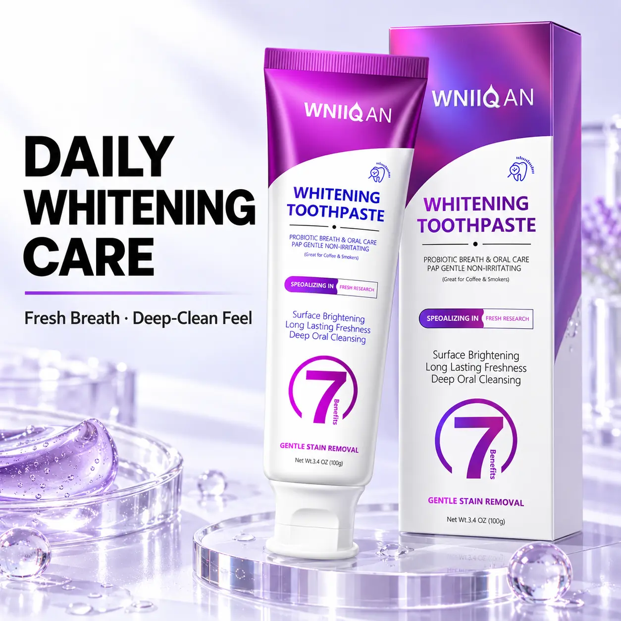 WNIIIQAN Purple Gel Toothpaste - Fluoride-Free Mint Flavor, Super Probiotic Hydroxyapatite, Dental Whitening, Oral Health Support, Teeth Stain Removal for Coffee & Tea, Gentle Sensitivity Relief, Gum Care for Daily Oral Cleaning
