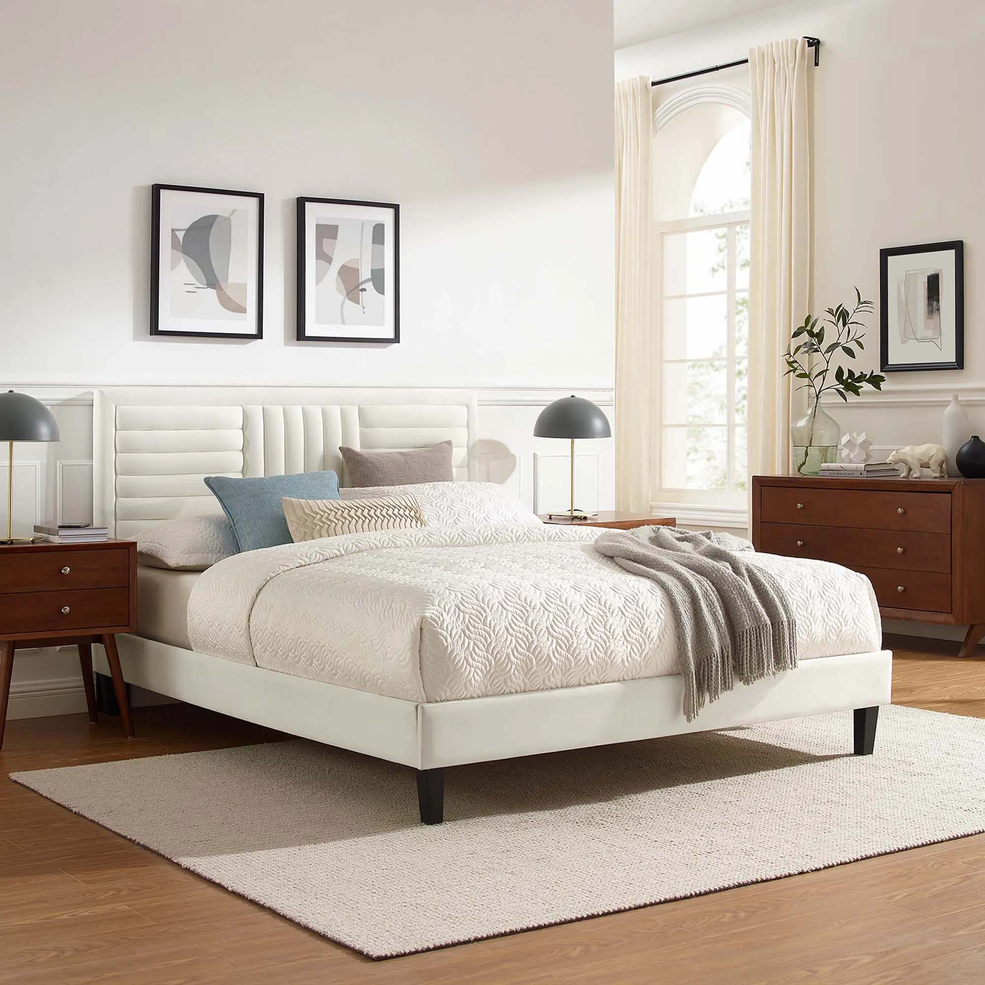 Modway Sofia Deco Style Channel Tufted Performance Velvet Full Platform Bed Frame, 800 lbs Weight Capacity, Assembly Required, White, Channel Tufting
