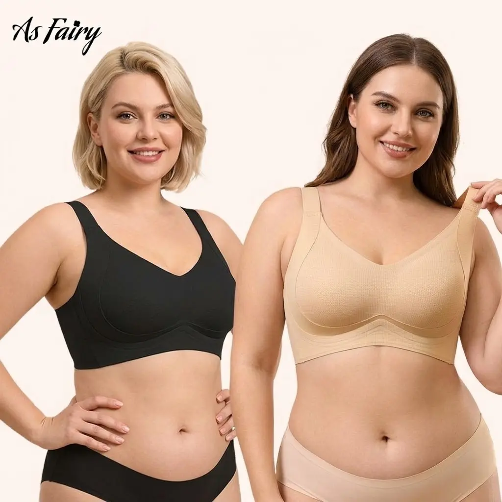 As Fairy Plus Size Full Coverage Seamless Wireless Bra for Women Lift and Support Comfort No Underwire Bra with Cooling Airholes Anti Sagging Daily Bra
