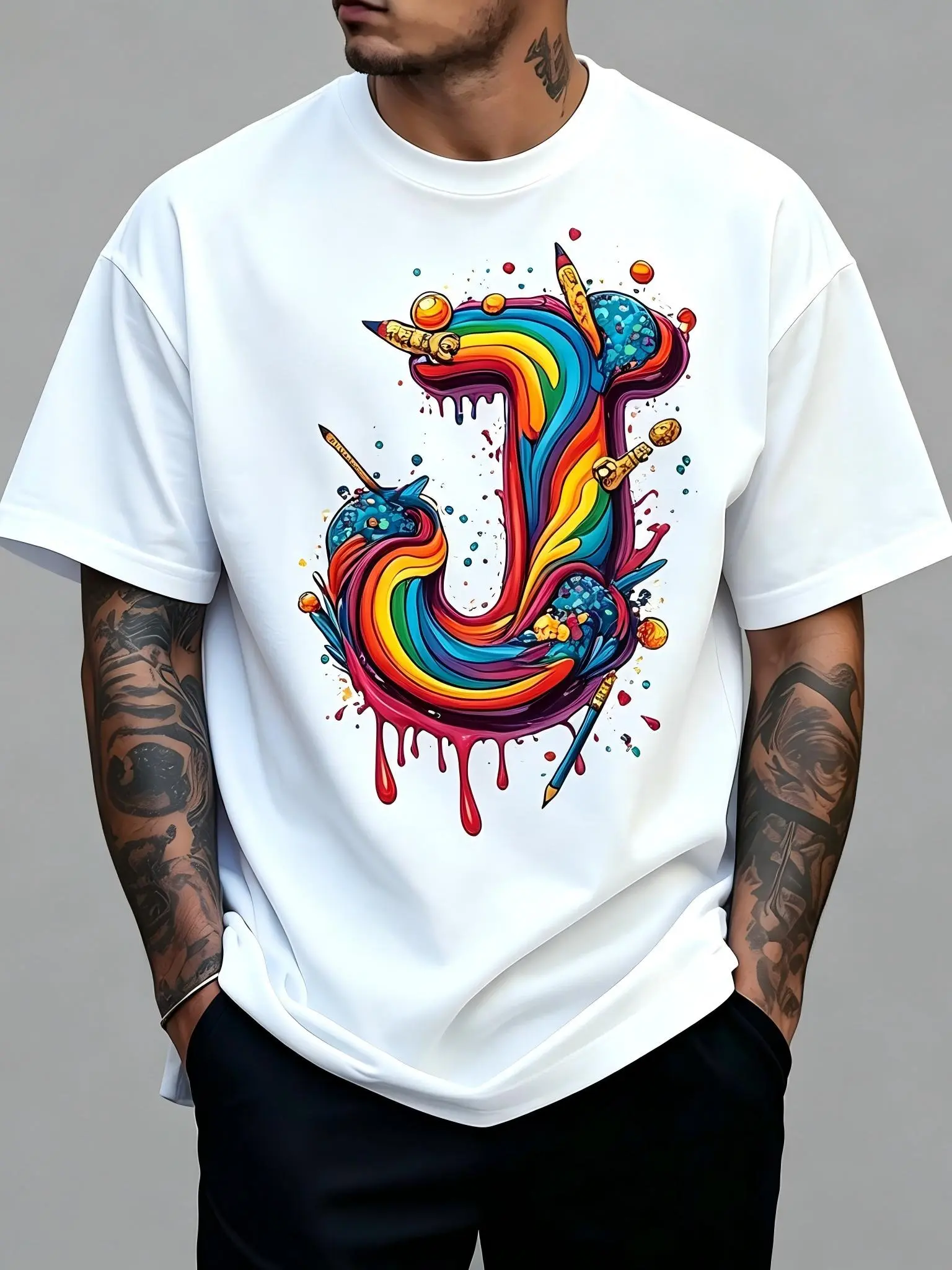 Men's Colorful Drip Paint Letter J Streetwear T-Shirt - Unisex Breathable Soft Cotton Crew Neck Shortsleeve, Art Pencils Graffiti Rainbow Print, All-Season Comfortable Casual Top, Art Lover Gift, Machine Washable, Tshirt, Classic, Menswear, Fabric