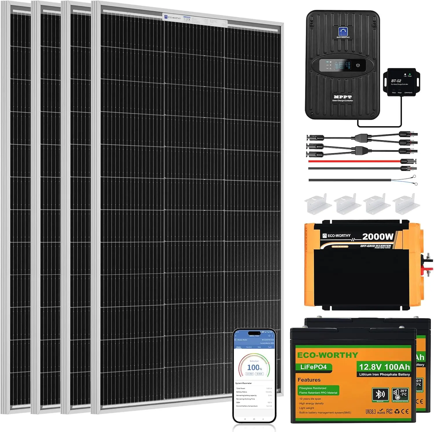 ECO-Worthy 1.6KWH Complete Solar Panel Kit 400W 12V for RV Off Grid | 4 * 100W Solar Panel + 40A MPPT Controller + 2 * 12V 100Ah Lithium Battery + Upgraded 2000W Power Inverter + Bluetooth Module