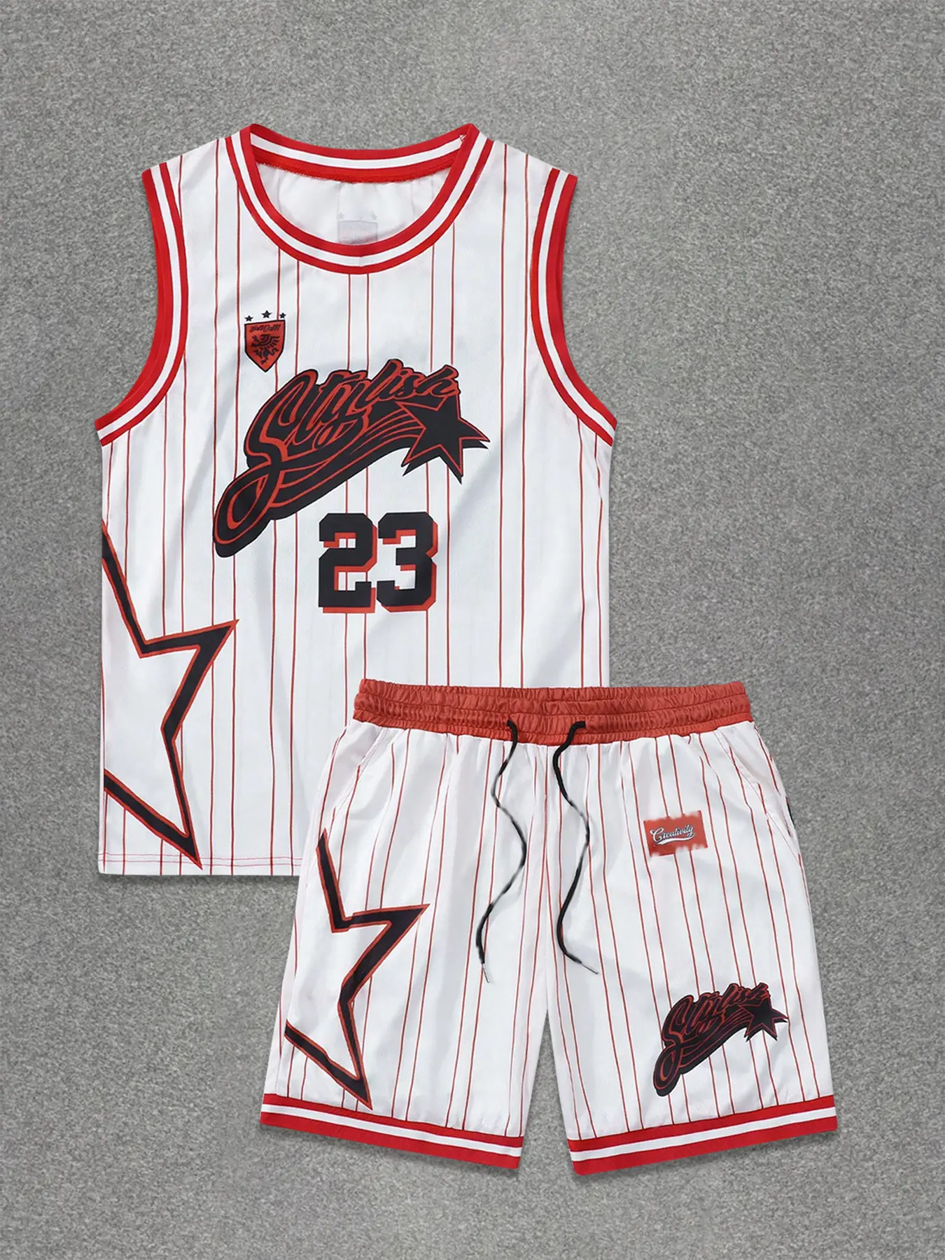Men's Two-Piece Letter Print Basketball Jersey and Shorts Set, Regular Fit Summer Fitness, Casual V Neck Sleeveless Knitwear