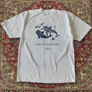 National Geographic "Keep Moving Forward" Sharks Tee – Vintage Ocean Whale Shark Graphic Shirt, White Y2K Streetwear T-Shirt