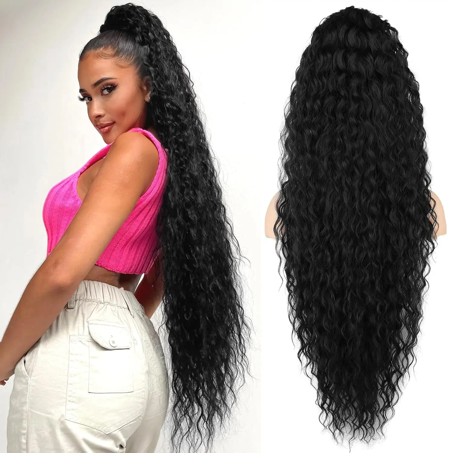 Ponytail Extension, 36 Inch Drawstring Ponytail Hair Extensions for Women， Long Curly Wavy Ponytail Natural Synthetic Hairpiece for Women