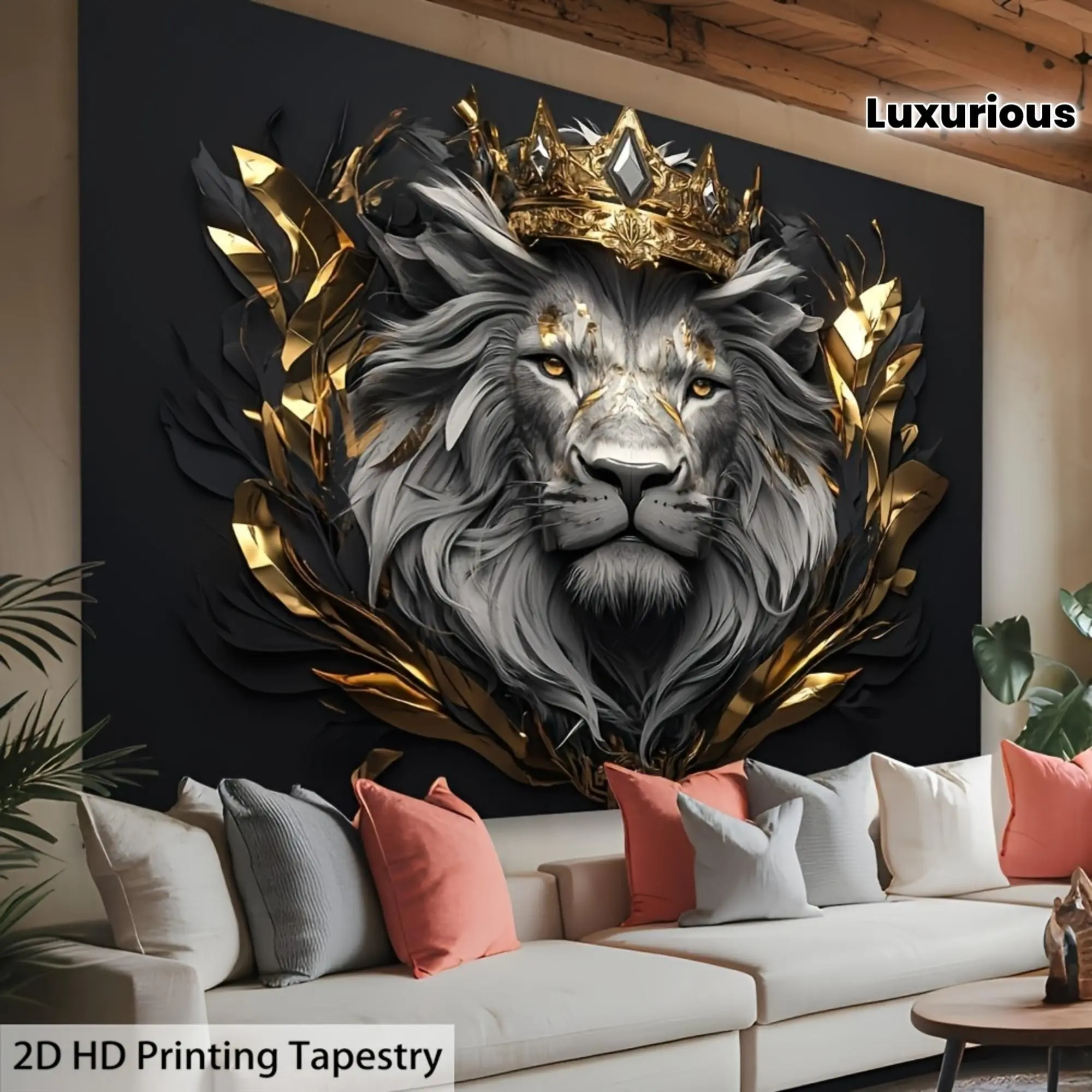 1pc Majestic Lion with Crown Polyester Tapestry- Luxurious Wall Art for Living Room, Bedroom, Office, Party Decor| Sophisticated Black& Golden Design, Perfect Creative Gift, Lion Wall Decor, Graduation Party Decor, Engagement Party Decor, Hd Print