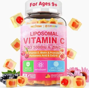 Liposomal Vitamin C 1000mg + D3 5000IU + Zinc Filled Gummies, Folate 800mcg Chewable Supplement, Elderberry for Immune, Hyaluronic Acid, VE, for Beauty, Energy & Overall Health, Sugar Free