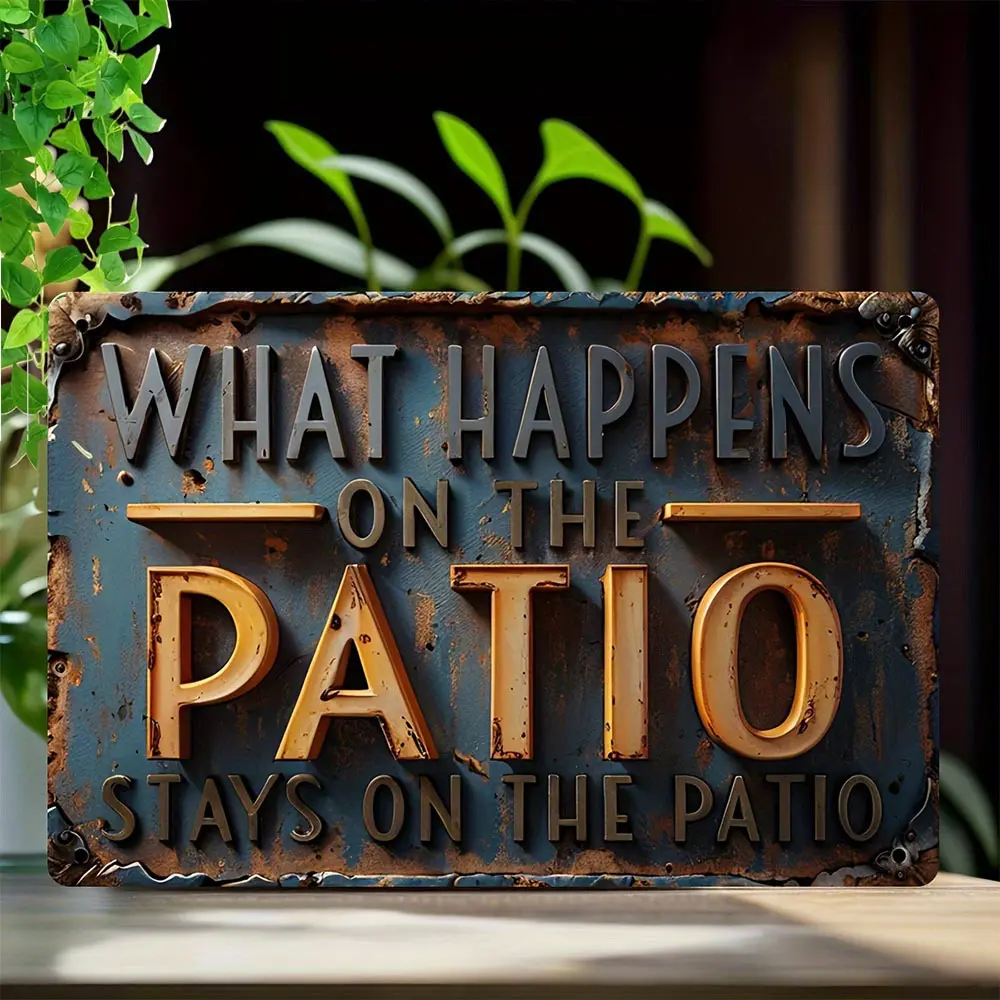 Rustic Aluminum Patio Sign - 'What Happens on the Patio Stays on the Patio' - 12x8 inch Vintage Metal Wall Hanging for Outdoor/Indoor Decor, Deck, Porch, Garden |   English Text, Multipurpose Wall Art Plaque House Number Plate