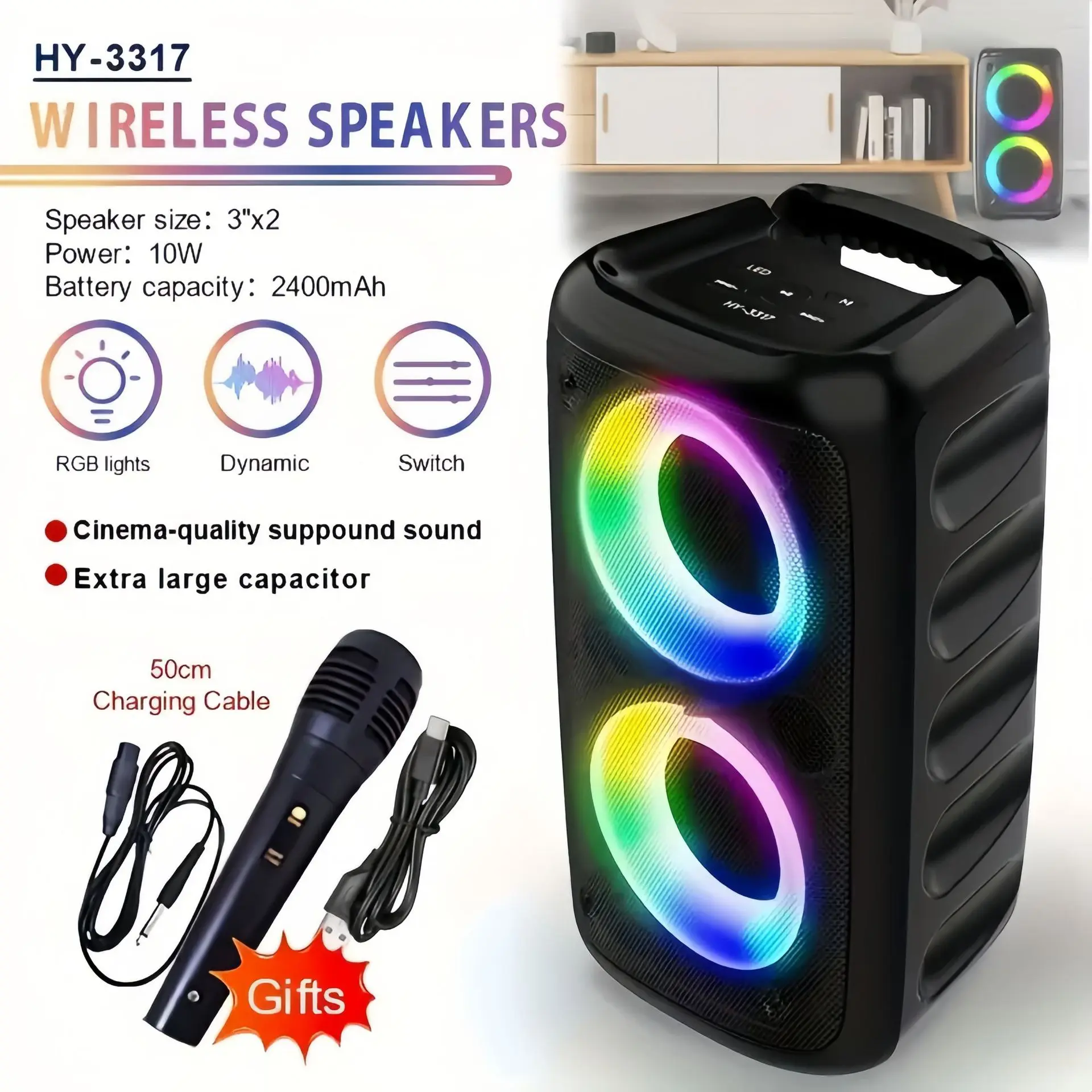 Portable Wireless Speaker with Microphone, Rechargeable Wireless BT Speaker with LED Light, TWS Stereo Sound Box for Home Party