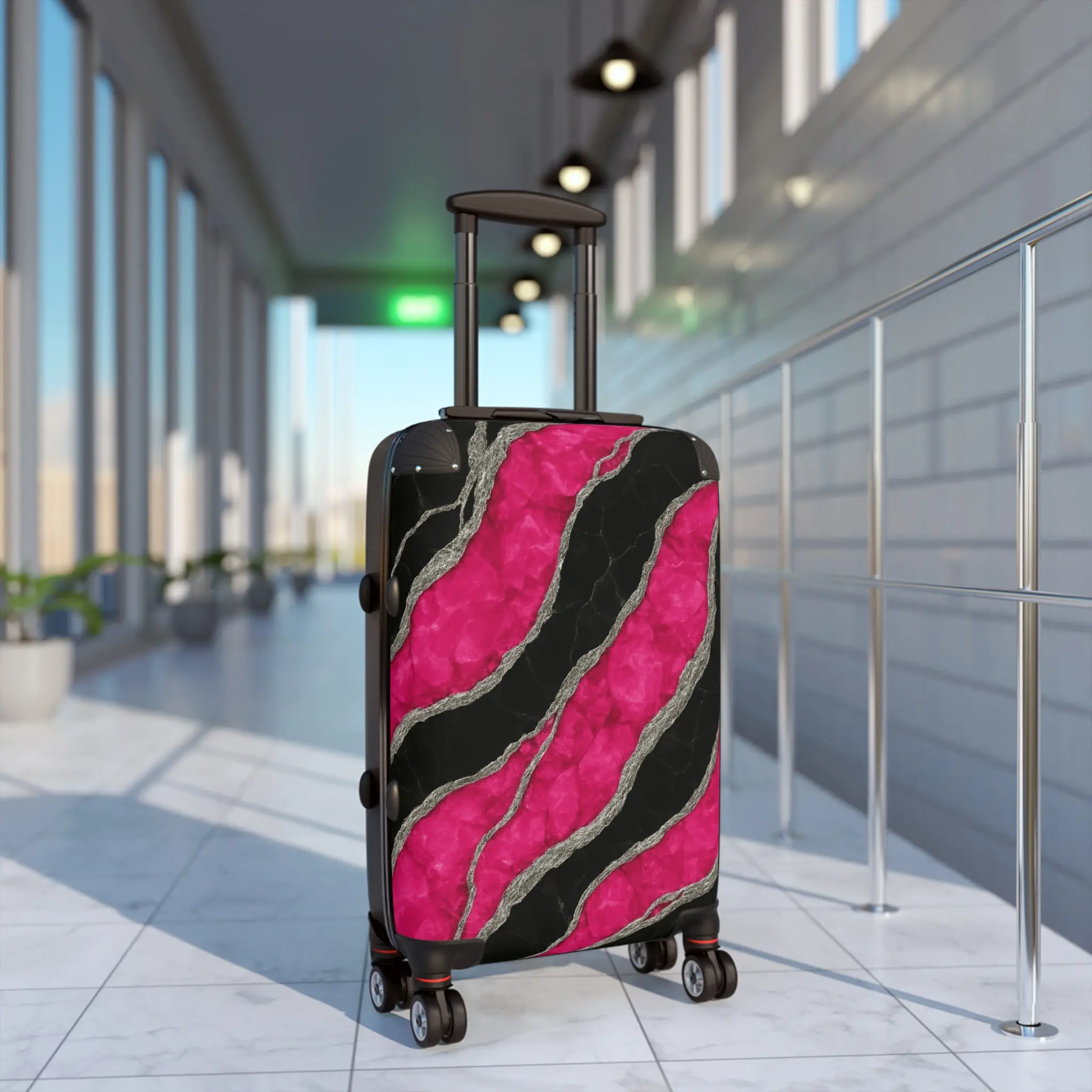Pink Silver & Black Marble Suitcase, Luxury Hard-Shell Luggage with Spinner Wheels & Lock