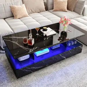 Modern High-Gloss Black Coffee Table with LED Accent Lighting and Storage Drawers, 43" Rectangular Center Table for Living Room