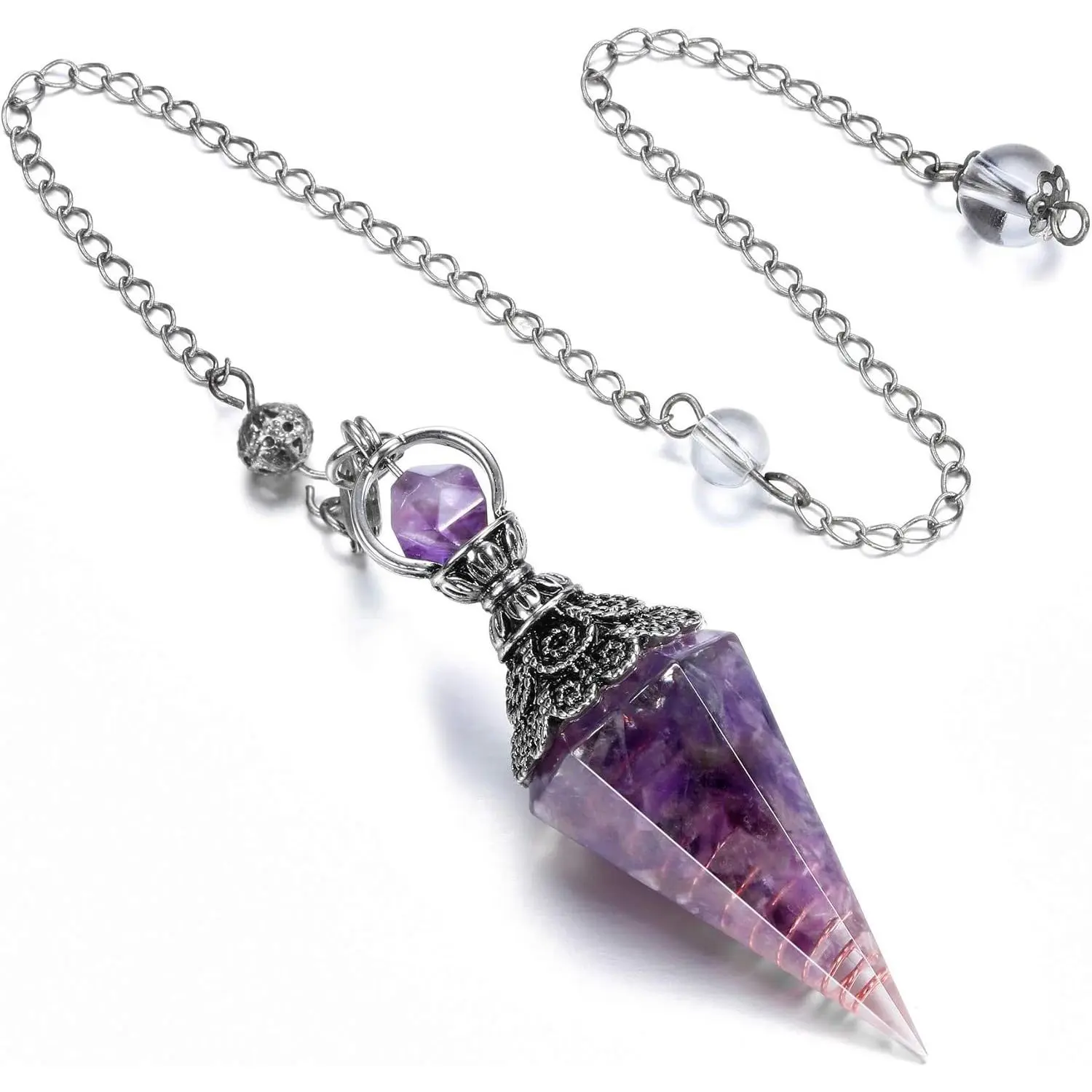 Amethyst Crystal Pendulum for Dowsing Divination, 6-Faceted Pointed Gemstone for Reiki and Chakra Balancing, Spiritual Jewellery Necklace, Necklaces