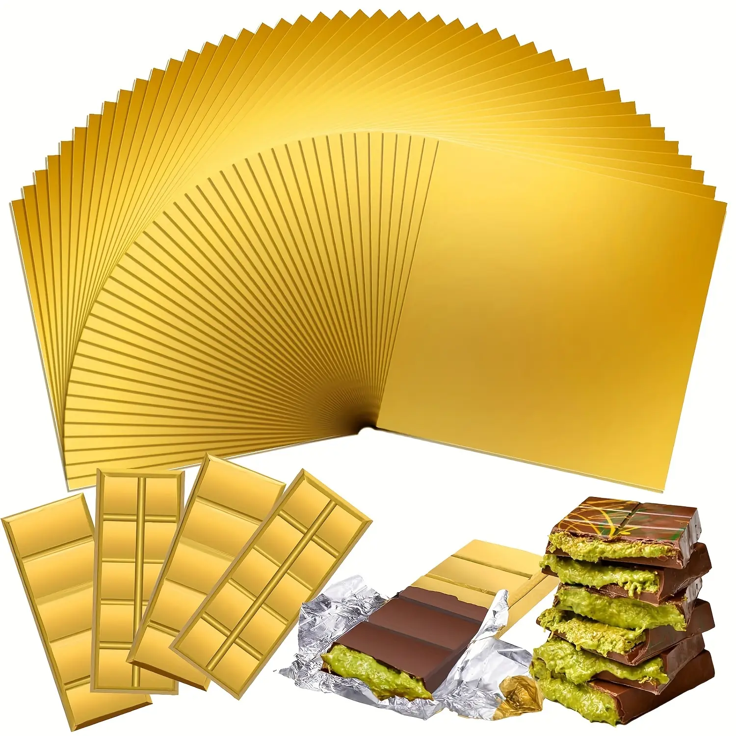 50/150pcs Chocolate Bar Wrappers, Golden Foil Sheets for Pistachio Chocolate Packaging, Candy Bars, Birthday and Christmas Party Gifts