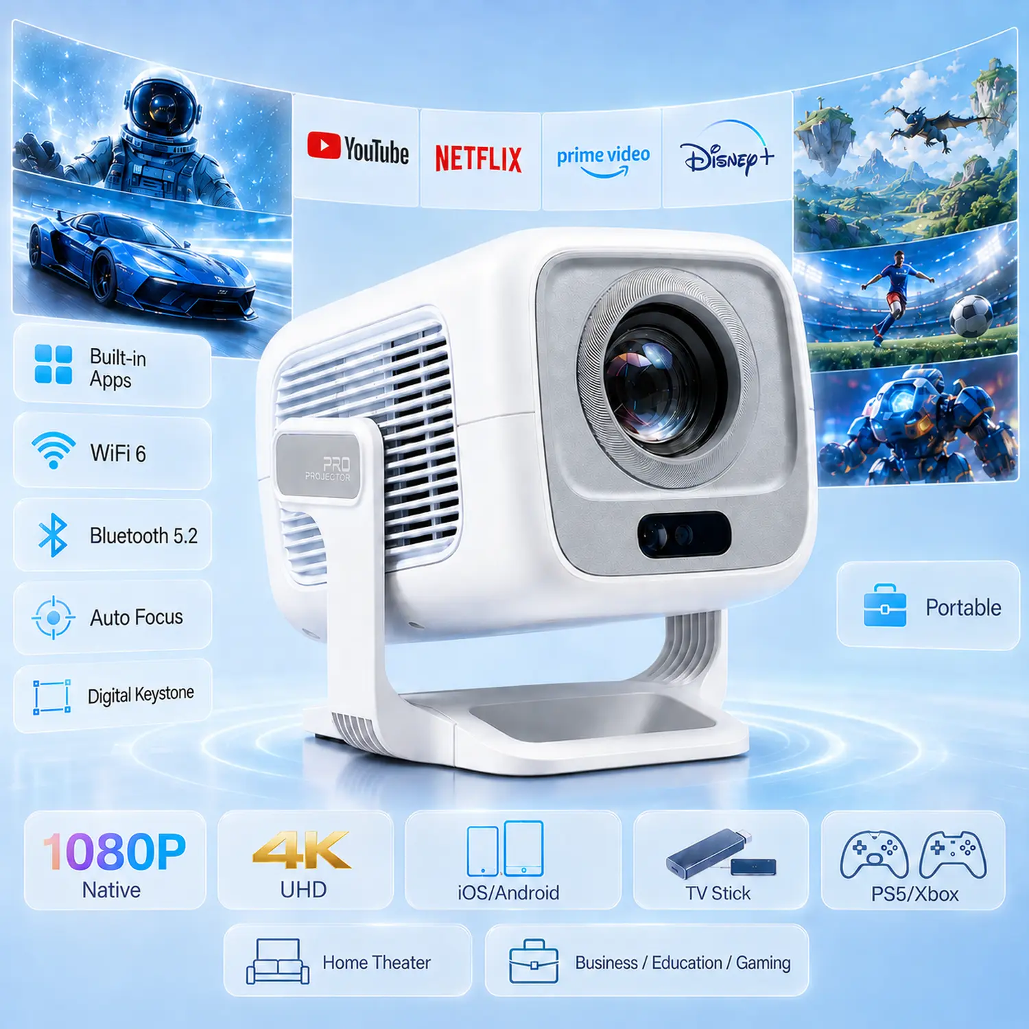 [US warehouse]  Auto Focus HY310 Projector 330ANSI Google Assistant Decode Native 1080P BT5.4 WIFI Android 14 Built-in Speaker Allwinner H726 180° Flexible 130"Screen 60Hz Reflash Home Cinema Mini Portable Projector Wireless Local Summervibes