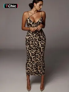 Women's All-Over Leopard Print Asymmetrical Cami Dress, Elegant Sleeveless Spaghetti Strap Bodycon Midi Dress for Party, Club and Night Out, Fashion Backless Sundress