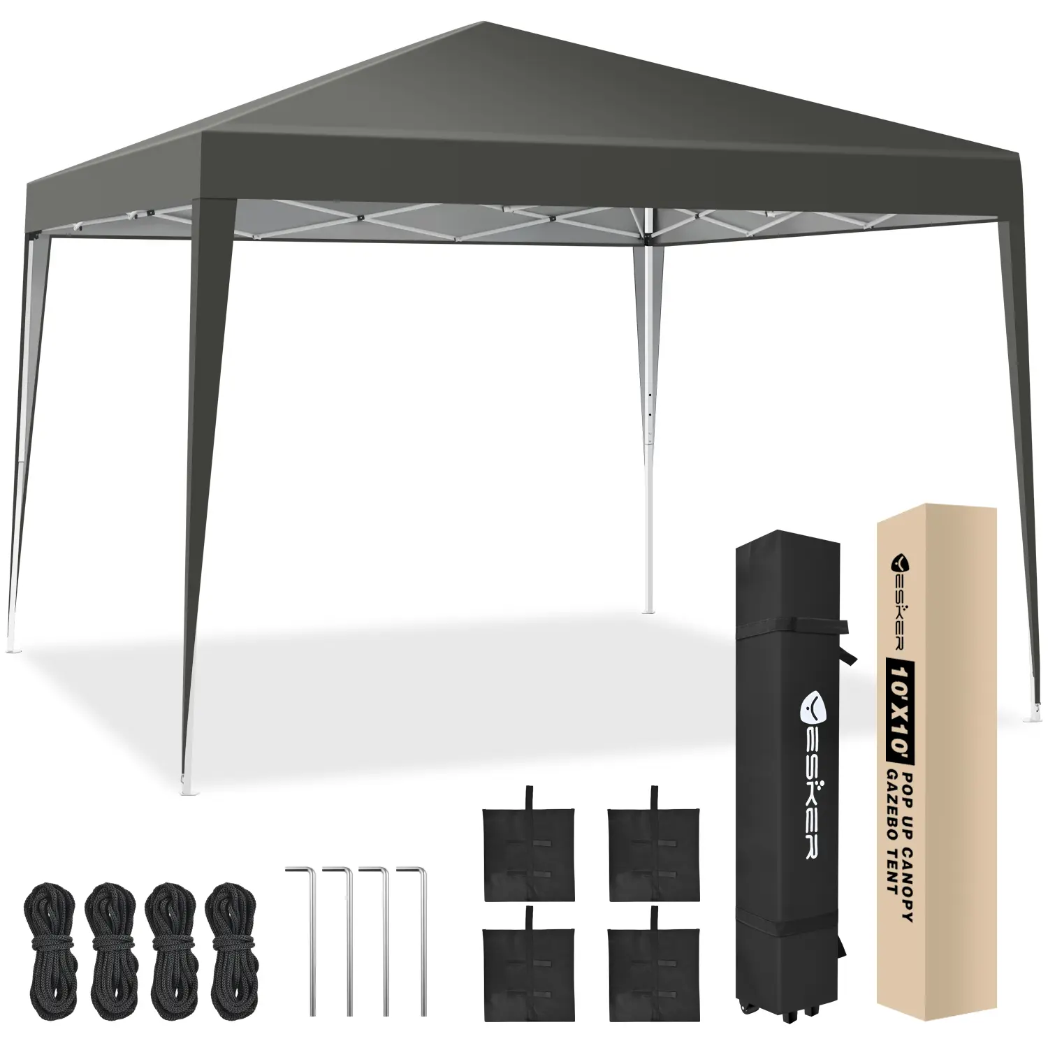 Yesker 10x10 Pop Up Canopy Tent, Waterproof Outdoor Shelter with UPF 50+ Sun Protection, Heavy-Duty Steel Frame, Toolless Setup, Supports 6-10 Ppl, Stakes Included, Portable with Wheels for Beach/Outdoors, Gray