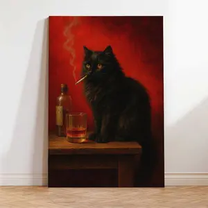 Vintage Oil Painting Black Cat Canvas Wall Art, Grunge Aesthetic Smoking Cat Print, Weirdcore Decor for Bedroom Apartment, Humorous Artistic Canvas for Cat Lovers, Framed/Unframed Option-  girly apartment decor