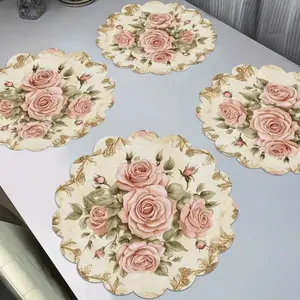 4-piece retro rose coaster set, serving as both a heat-resistant and decorative wooden placemat set (4 pieces) - durable, heat-resistant, anti-slip, and easy to clean, ideal for home use, perfect gifts for friends and family, festive gifts, exotic style,