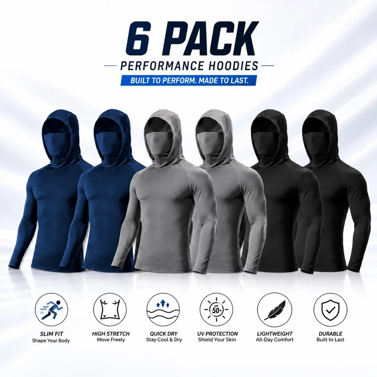 Men's 6-Pack 3-in-1 Sun Protection Hooded Athletic Clothes, Fishing Hoody with Built-in Face Mask, UPF50+ Quick Dry, Moisture Wicking, Elastic Slim Fit, Windproof, Reinforced Stitching for Fishing, Hiking